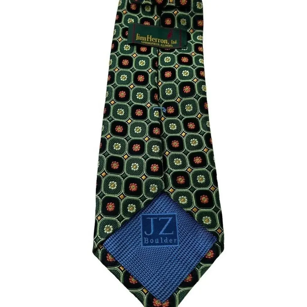 JZ Boulder Jim Herron Mens Green Floral All Silk Hand Made Necktie Neck Tie 3.5